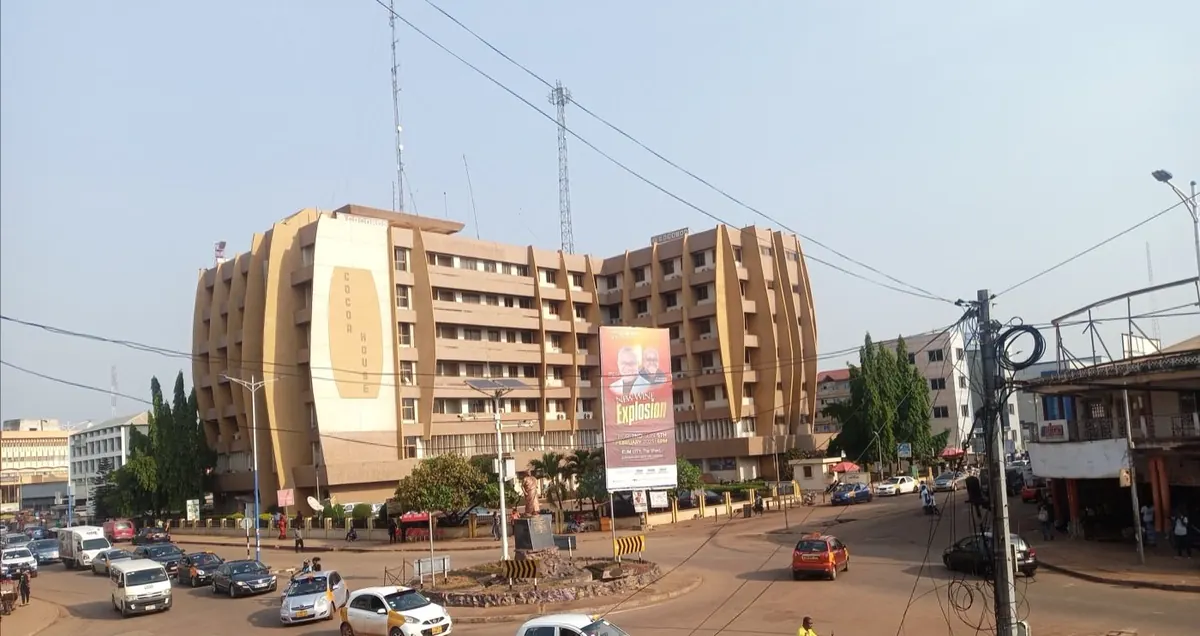 Cocoa House and the street beside it, Sunyani