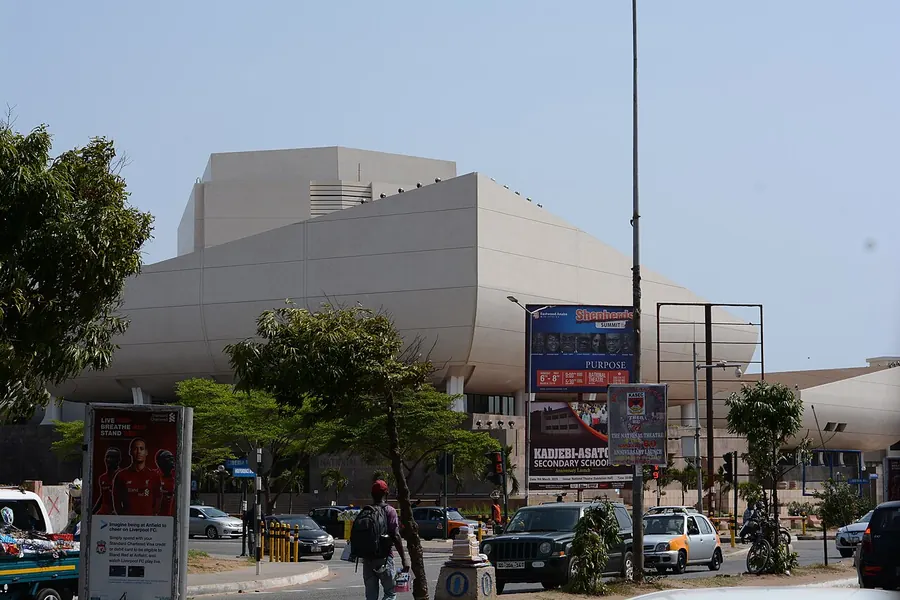 The white, sail-like roof of the National Theatre in Accra