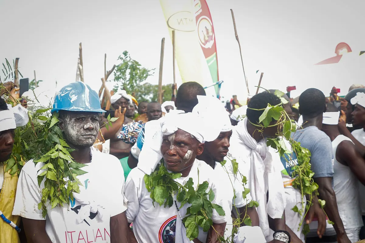 Members of an Asafo company wearing leaves at Aboakyer