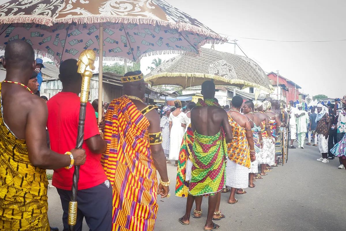 Chiefs and queen mothers under umbrellas in the Aboakyer procession