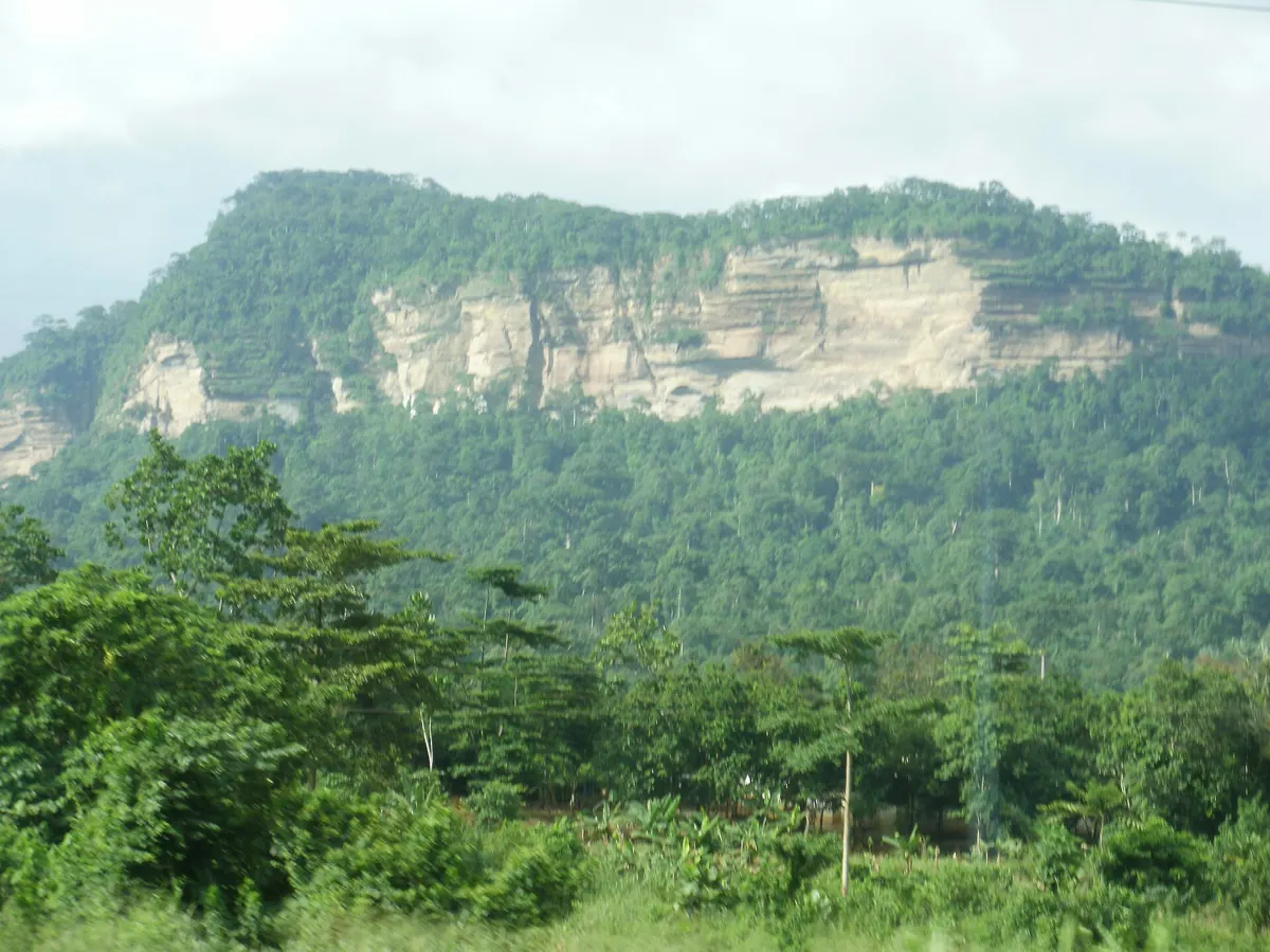 The steep cliffs of the Kwahu ridge above green forest